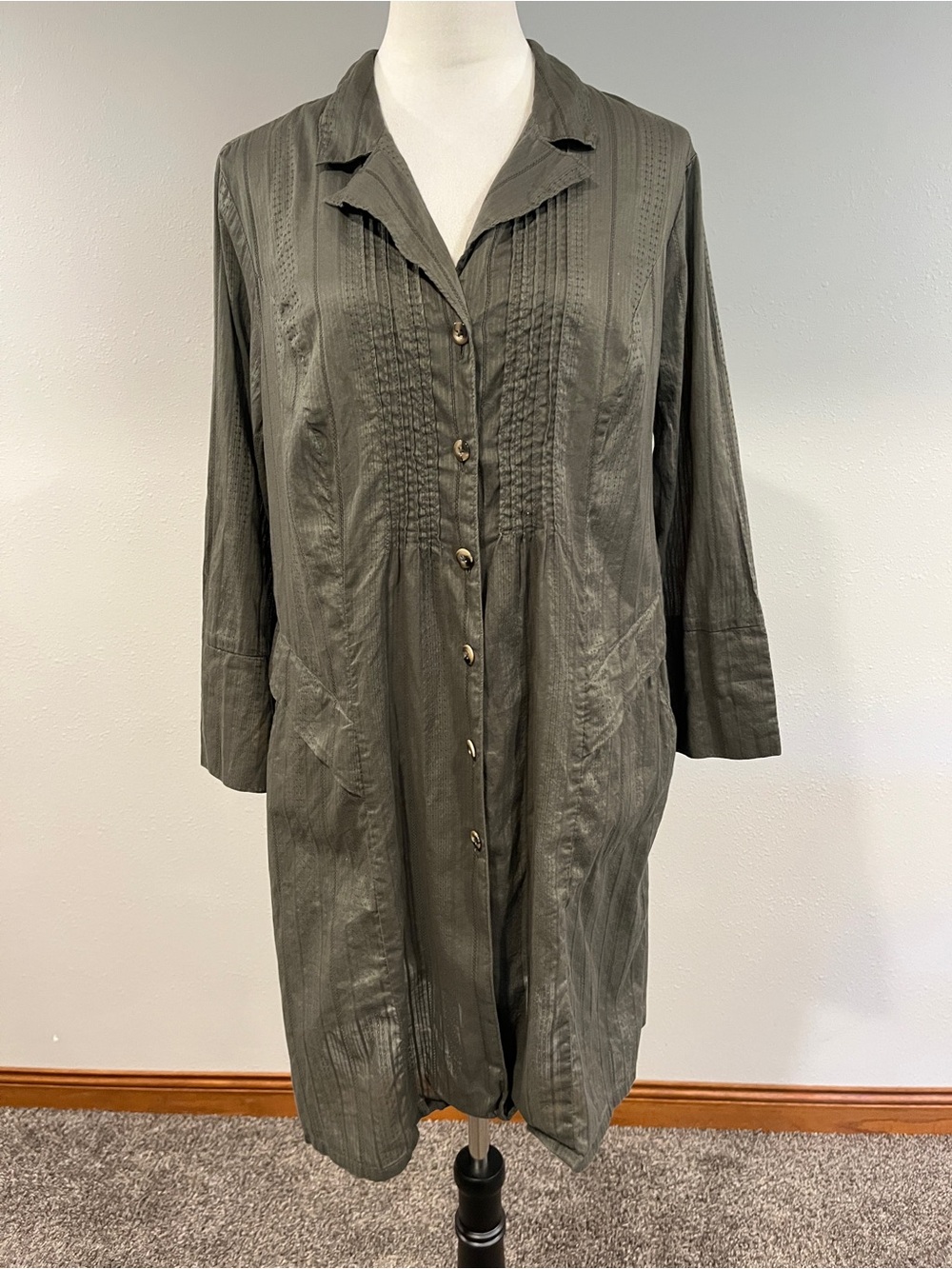CABi Olive Green Lightweight Long sleeves Button Front dress
